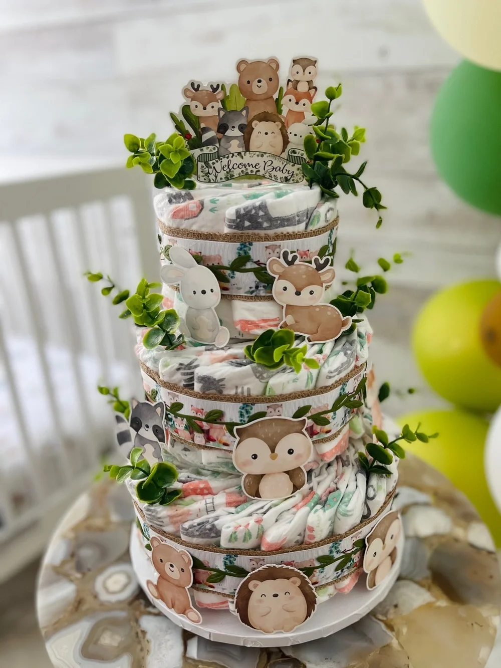 New HANDMADE Woodland Animals Diaper Cake - Neutral Woodland Baby Gift